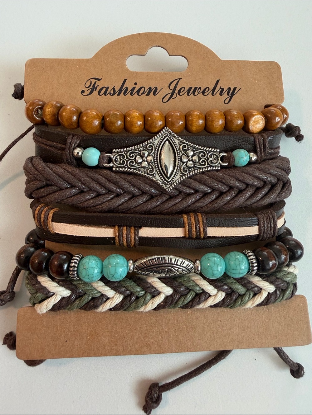 6 Pcs boho tribal leather bracelet stack turquoise bead and Army Green New!